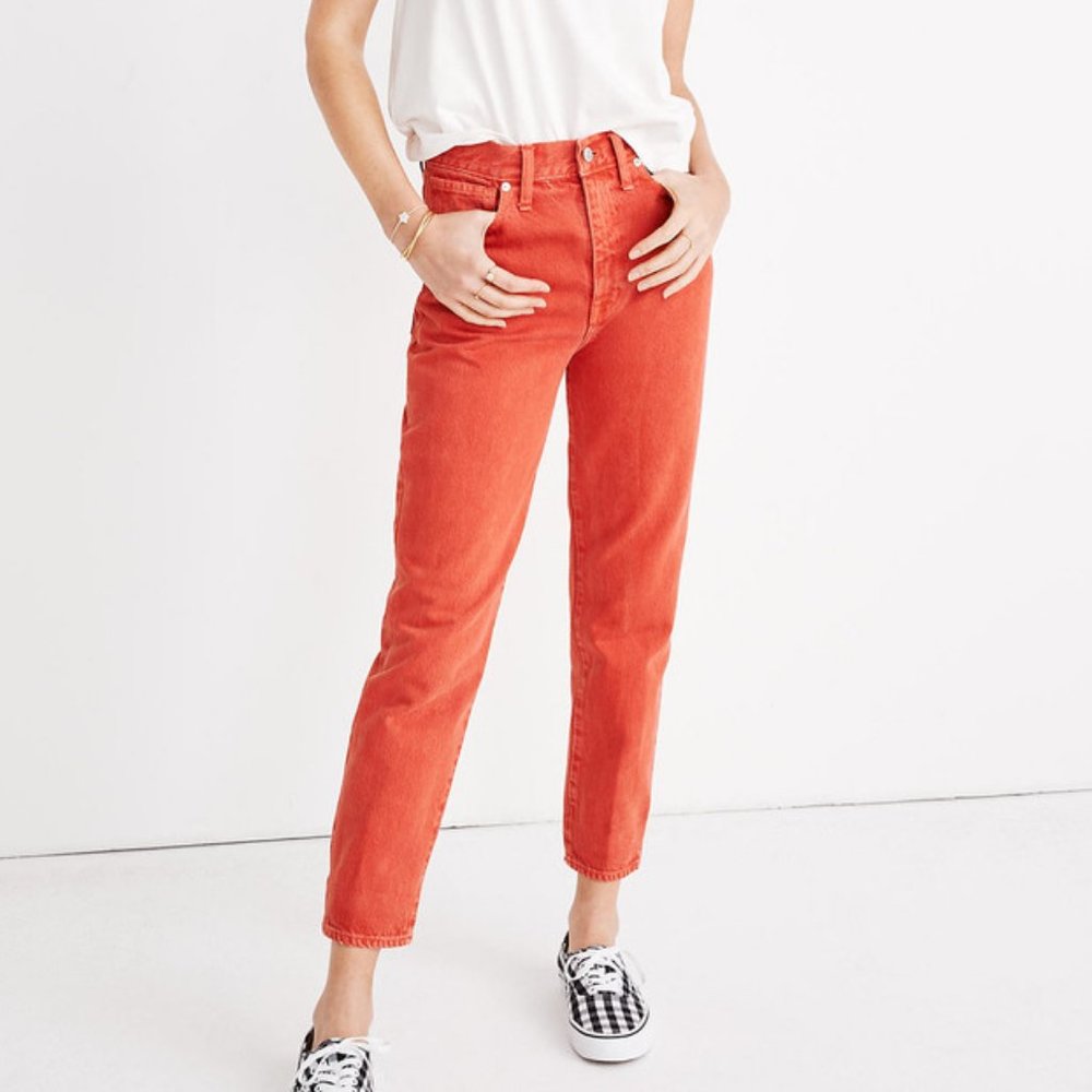 New Madewell Mom Jeans - garment dyed denim - red